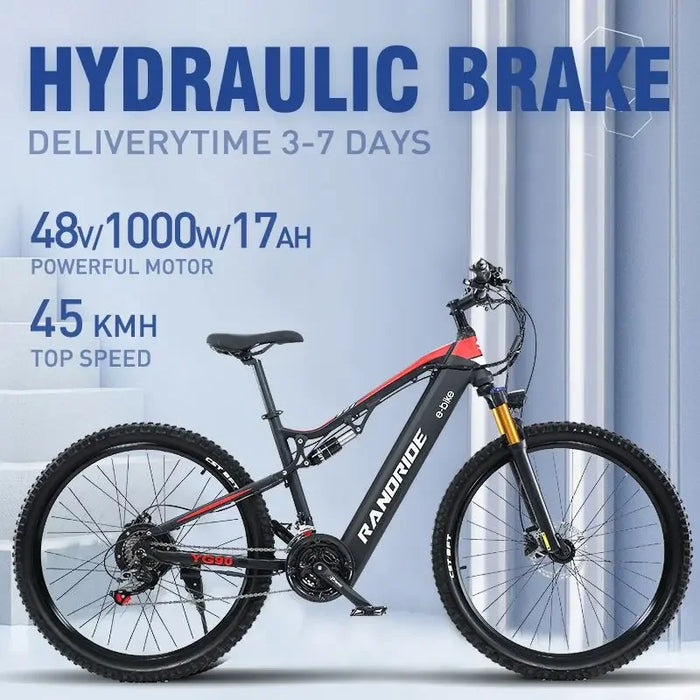 Nueva bicicleta eléctrica RANDRIDE de 1000W, bicicleta eléctrica de 27,5 pulgadas en aleación de aluminio con suspensión total y batería de litio de 48V 17AH