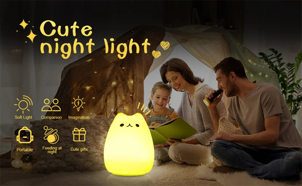 Lámpara de noche LED con forma de gato, lámpara de silicona colorida con pilas para decoración de habitaciones infantiles y infantiles