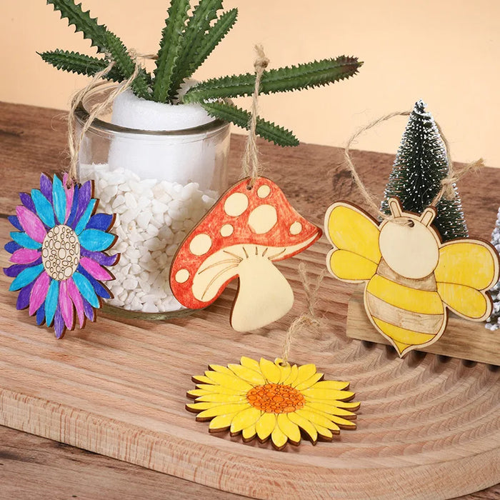 Juego de 10 colgantes decorativos de madera para primavera y Pascua, insectos y flores colgantes para proyectos creativos y envoltorios de regalos