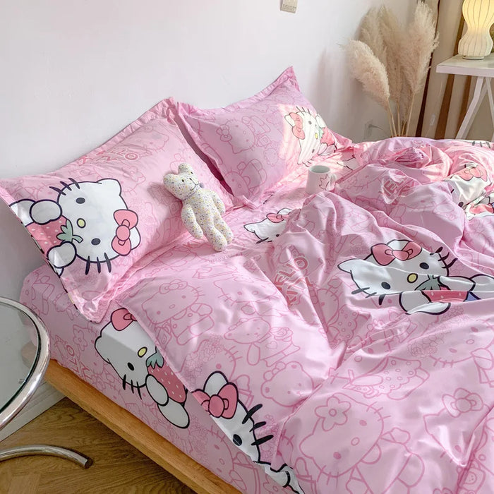 Niedliches Sanrio Hello Kitty Baumwoll-Bettwäsche-Set – vierteilig mit doppeltem Kissenbezug für Flickr-Zimmer und Heimtextilien