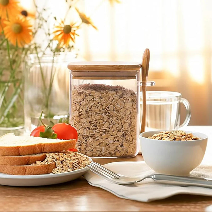 Set mit 4 quadratischen Glasbehältern (ca. 750 ml) mit Bambusdeckeln und Löffel zur Aufbewahrung von Tee, Süßigkeiten und Kaffee