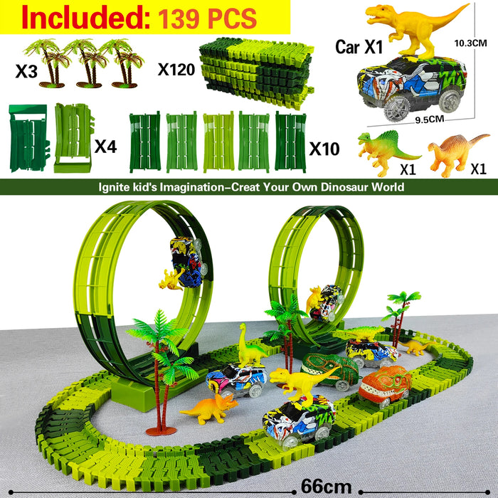 Magisches kletterndes elektrisches Dinosaurier-Autobahn-Set mit kurvenreicher Rennstrecke und blinkenden Lichtern – hochwertiges Spielzeug für Kinder