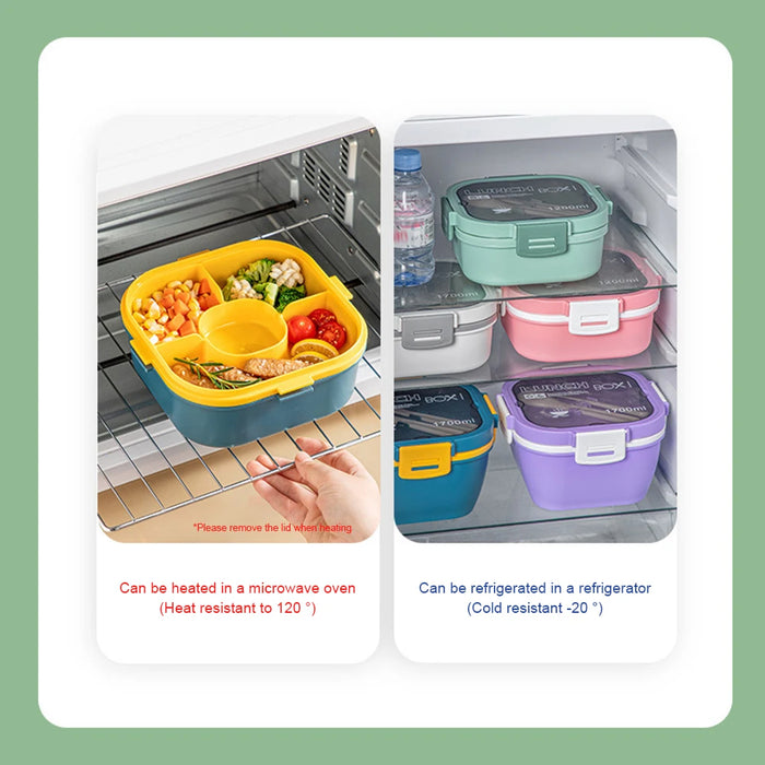 Boîte à bento double avec bol à salade – Passe au micro-ondes, grande capacité, 4 compartiments, boîte de rangement des aliments scellée pour organisateur de cuisine