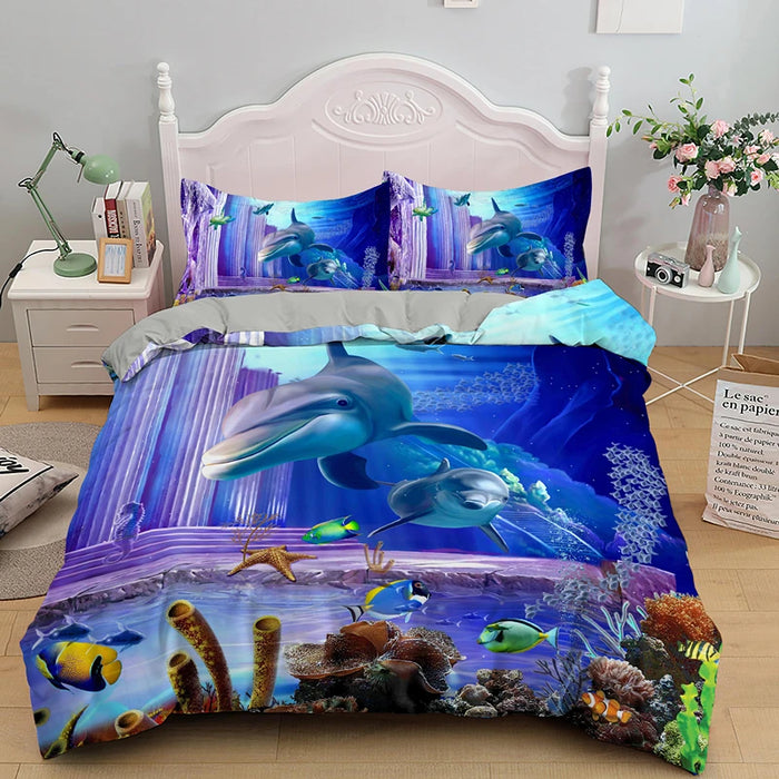 Juego de cama 3D con motivo de delfines - Motivo de mar azul en tamaño Queen y King para niños y adultos