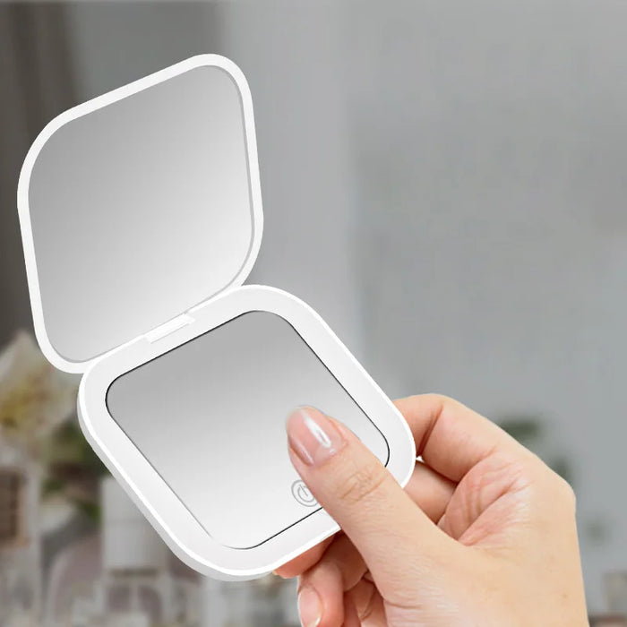 Miroir de maquillage pliant compact avec lumière LED et grossissement 2X - Mini miroir portable