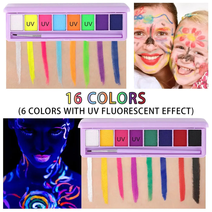 Water-Activated Neon Eyeliner Palette - UV Blacklight Fluorescent Face & Body Paint for Halloween and Festive Looks