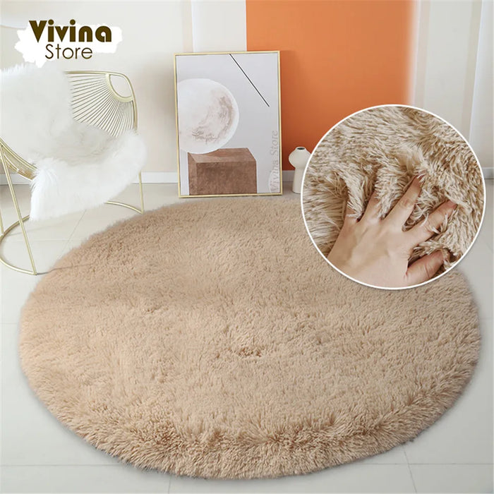 Round Green Plush Rug for Living Room - Fluffy Carpet for Sofa and Chairs, Long-Haired Floor Mat for Bathroom and Kids' Room Décor