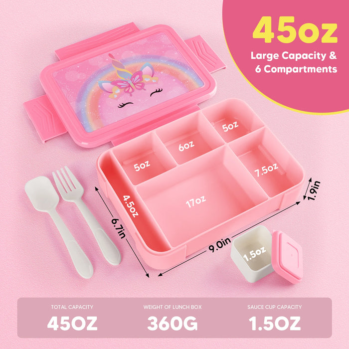 Caja Bento de 1330 ml - Fiambrera a Prueba de Fugas con Unicornio/Carta con Recipiente para Salsa, Almacenamiento de Frutas y Alimentos, Apta para microondas para niños y Adultos