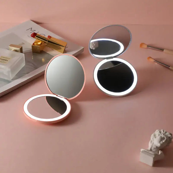 Espejo de maquillaje plegable cosmético con luz LED pequeño personalizado para damas con efecto luminoso - Mini espejo blanco rosa