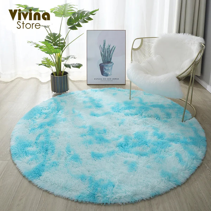 Round Green Plush Rug for Living Room - Fluffy Carpet for Sofa and Chairs, Long-Haired Floor Mat for Bathroom and Kids' Room Décor