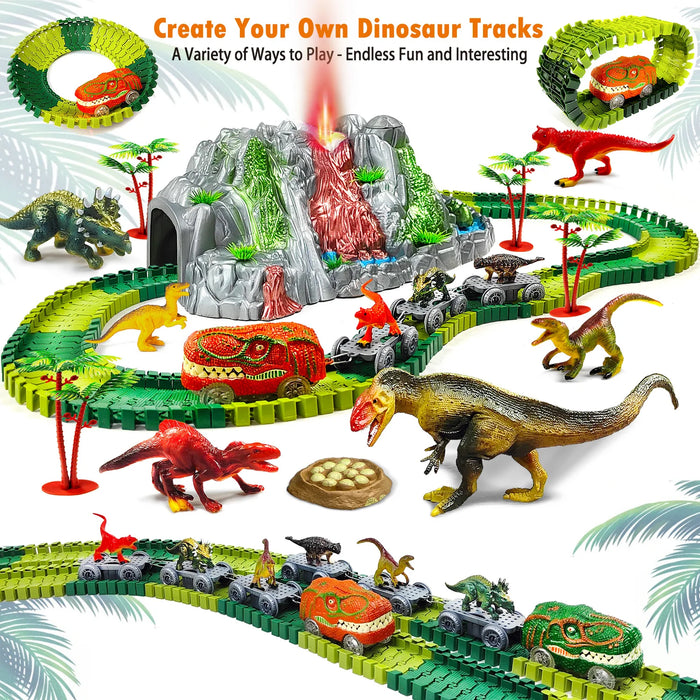 Jouets dinosaures pour enfants avec volcan jaillissant et piste d'escalade – Ensemble de train pour garçons/filles, cadeau parfait pour l'école à la maison et la décoration de fête