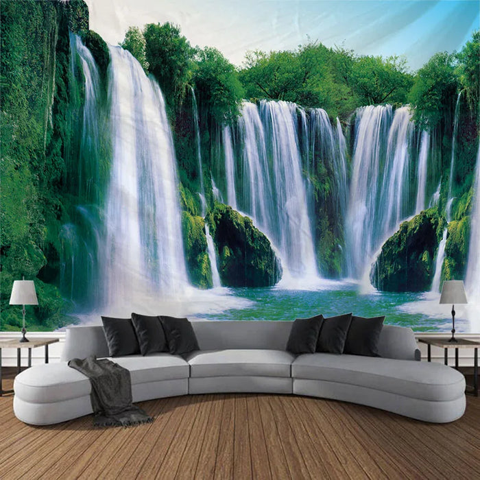 Magnifique papier peint cascade nature avec imprimé forêt et paysage marin - décoration murale hippie de style bohème avec motif mandala