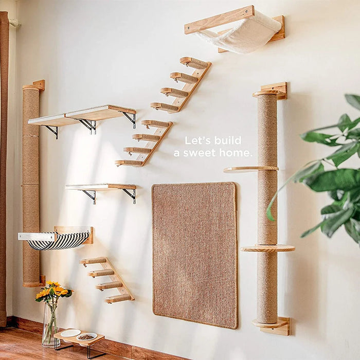 Sistema trepador para gatos de madera montado en la pared: estantes y escaleras elegantes para su gato