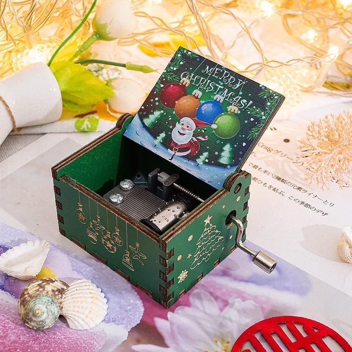 Wooden hand-operated octave box with Christmas music - Exclusive painting and perfect Christmas gift