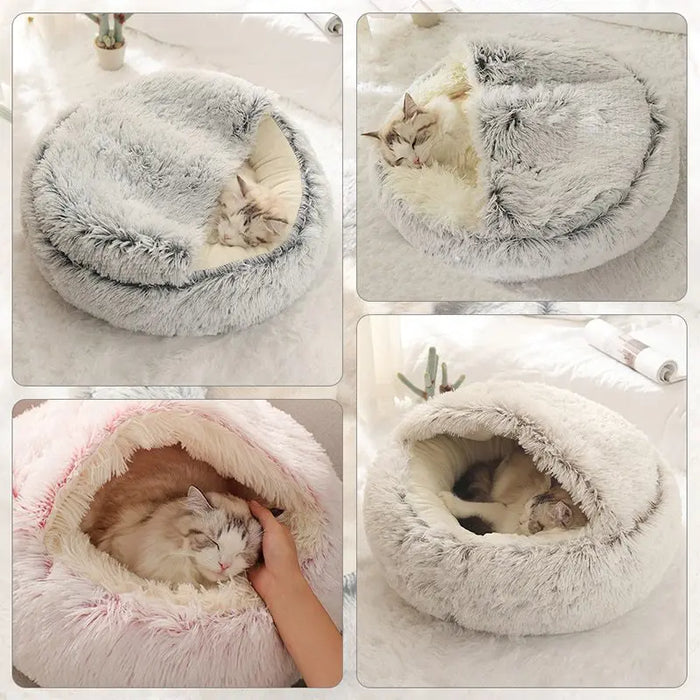 Round cat bed with soft and warm plush material - sleeping nest for small dogs and kittens