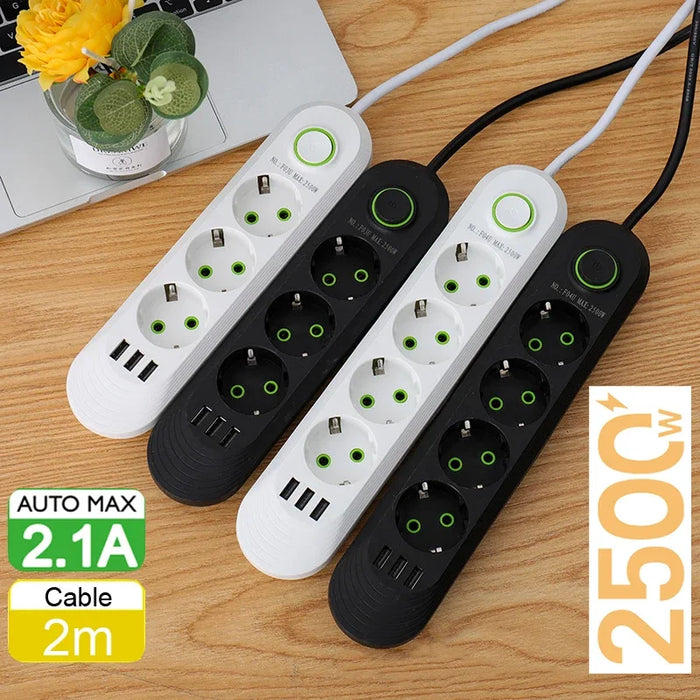 Boîte de jonction de prise ue avec 5 prises et 3 Ports USB, rallonge de 2M, prise ca à broches rondes, adaptateur multi-connecteur 2500W