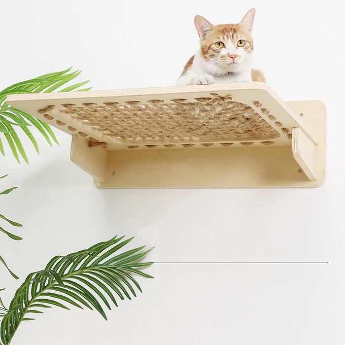 Wandmontierte Katzenbett-Hängematte für große Katzen aus Holz und Sisalseil mit Regalen und Plattformen für Katzenmöbel und zum Springen