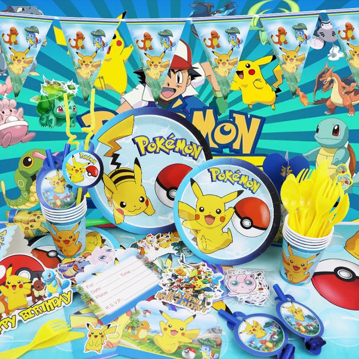 Essentiels de fête d'anniversaire sur le thème de Pikachu – Kit de ballons Lightning Pikachu, vaisselle, bannières et toile de fond pour fête d'enfants