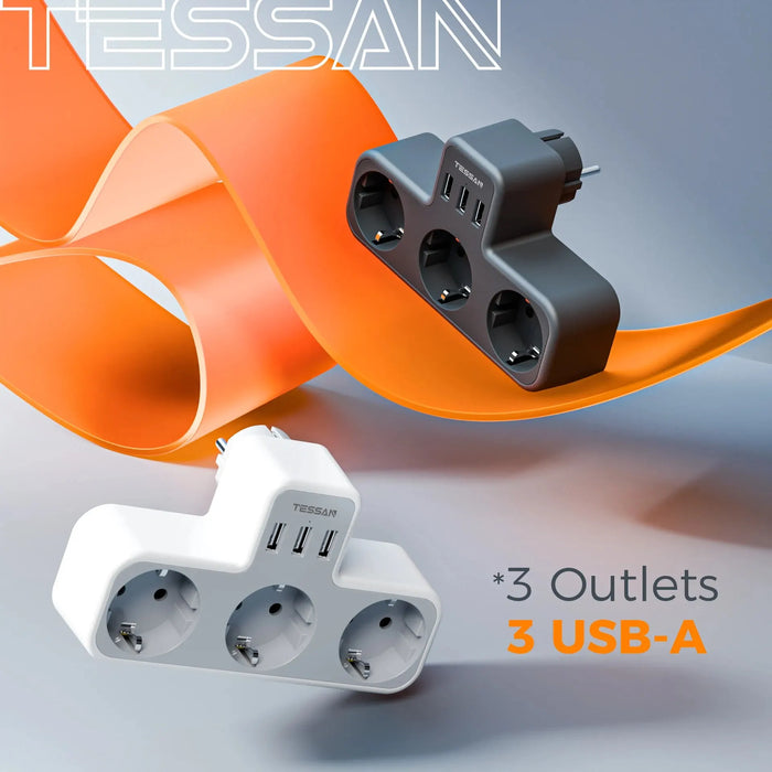 Enchufe TESSAN EU con 3 salidas de CA + 3 puertos USB, cargador de pared 6 en 1 con protección contra sobrecarga para el hogar