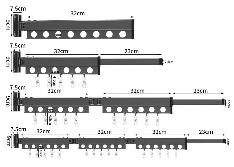 Zusammenklappbarer und ausziehbarer Kleiderständer zur Wandmontage – Wäscheleinen und Kleiderbügel
