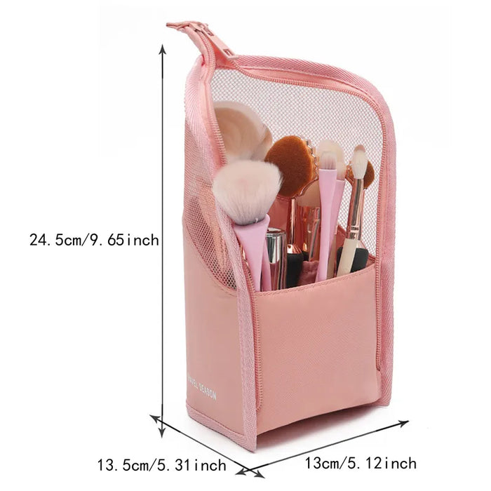 Makeup Brush Holder for Travel - Waterproof Cosmetic Bag, Foldable Makeup Mug with Zipper (Black + Pink)