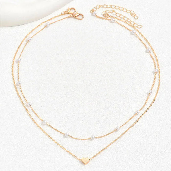 Gargantilla Simple de Perlas con Doble Cadena y Colgante de Corazón - Joyería para Mujer