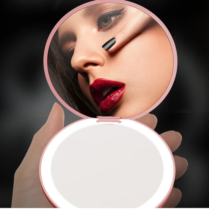 Espejo de maquillaje plegable cosmético con luz LED pequeño personalizado para damas con efecto luminoso - Mini espejo blanco rosa