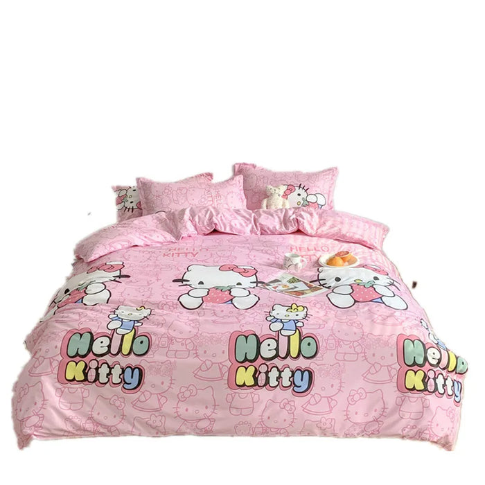 Niedliches Sanrio Hello Kitty Baumwoll-Bettwäsche-Set – vierteilig mit doppeltem Kissenbezug für Flickr-Zimmer und Heimtextilien