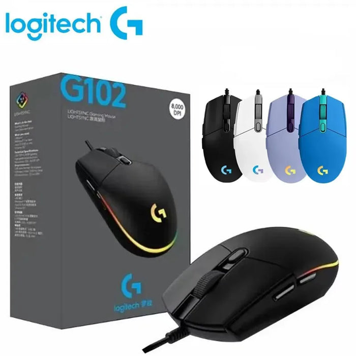 Ratón de juegos con cable USB Logitech G102, efecto óptico arcoíris de 8000 DPI para ordenador PC/Mac y portátil