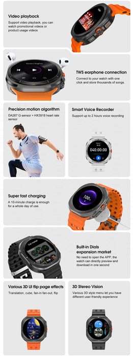 DT Ultra Smartwatch für Herren mit AMOLED-Display, Bluetooth-Anrufen und Kompass – Sportuhr für Samsung Galaxy und iOS