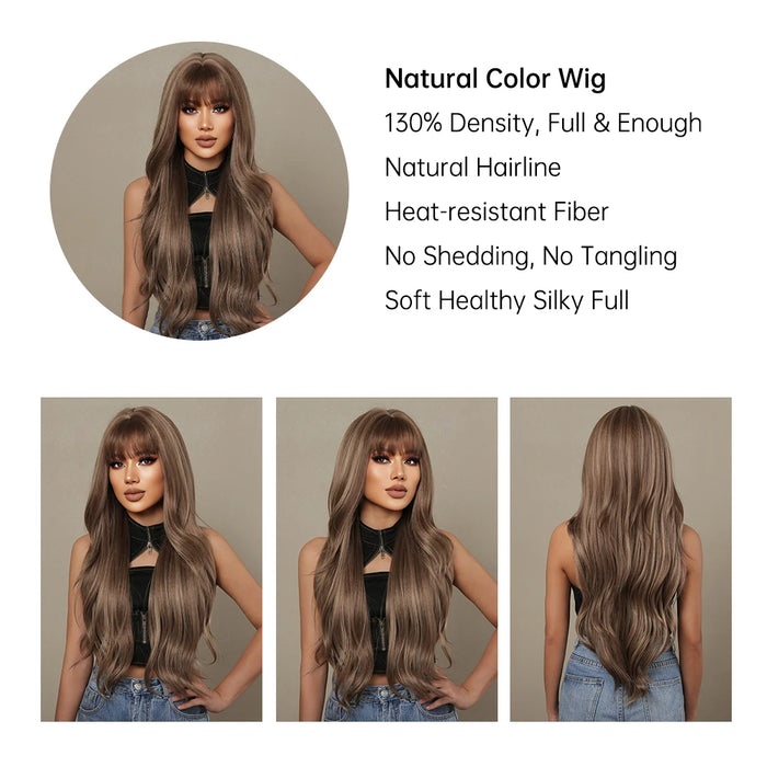 HAIRCUBE – perruque synthétique brune mixte blonde avec frange, perruque longue et ondulée naturelle pour femmes, usage quotidien, Cosplay, résistante à la chaleur