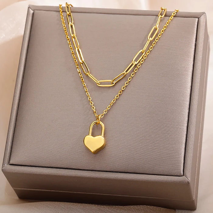 Layered Heart-Shaped Necklace in 316L Stainless Steel for Women and Girls - Gold Plated Choker Jewelry Gift for Birthdays