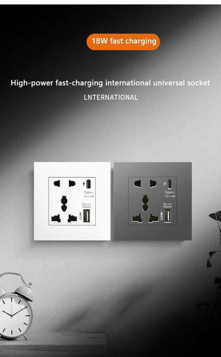 Universell 18W Type-C Snabbladdning 5-pins uttag, UK Vägguttag med USB-laddare, Vit smart Dubbel eluttag