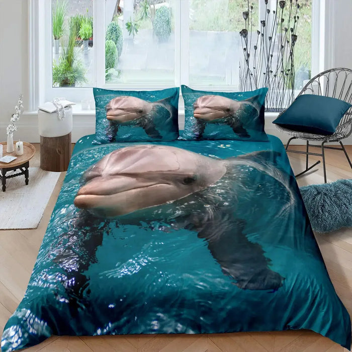 Juego de cama 3D con motivo de delfines - Motivo de mar azul en tamaño Queen y King para niños y adultos