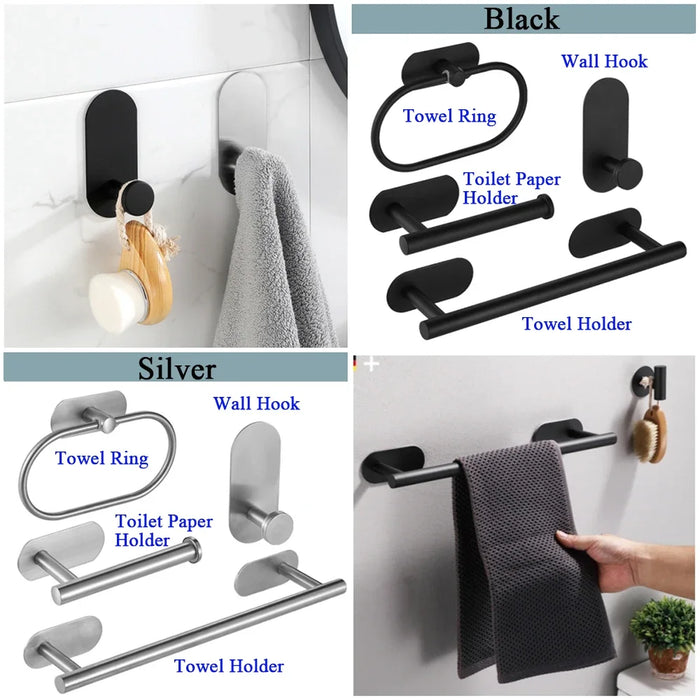 Práctico paquete de 4 accesorios autoadhesivos para baño y cocina: toalleros, portarrollos y ganchos