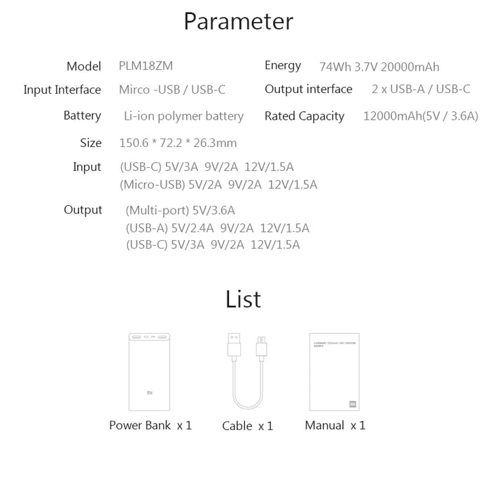 Xiaomi Powerbank 3 20000 mAh PLM18ZM 18 W 2-Wege-Schnellladung USB C tragbarer externer Akku