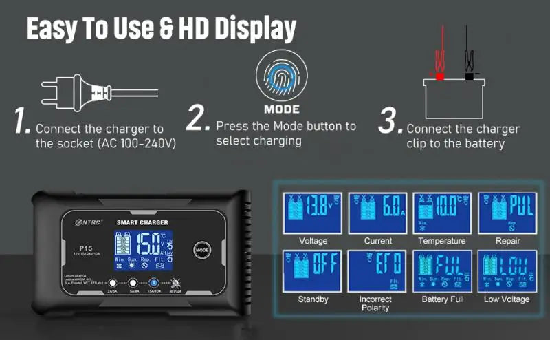 HTRC P20/P15/P10 12 V-24 V chargeur de batterie de voiture LCD réparation automatique d'impulsion charge pour Lifepo4 AGM chargeur de batterie au Lithium au plomb