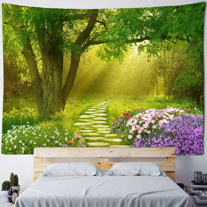 Belle tapisserie murale nature avec imprimé cascade et forêt, bonnet d'inspiration hippie, décoration murale mandala bohème