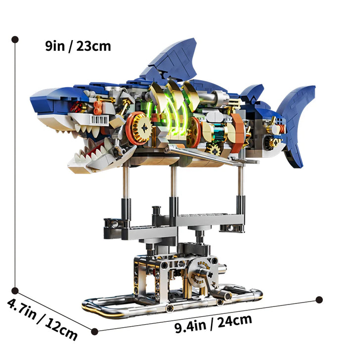 Kit de construcción mecánico de tiburones, bloques de construcción con temática de tiburones y soporte de exhibición con luz, ideas de regalos para niños y adultos