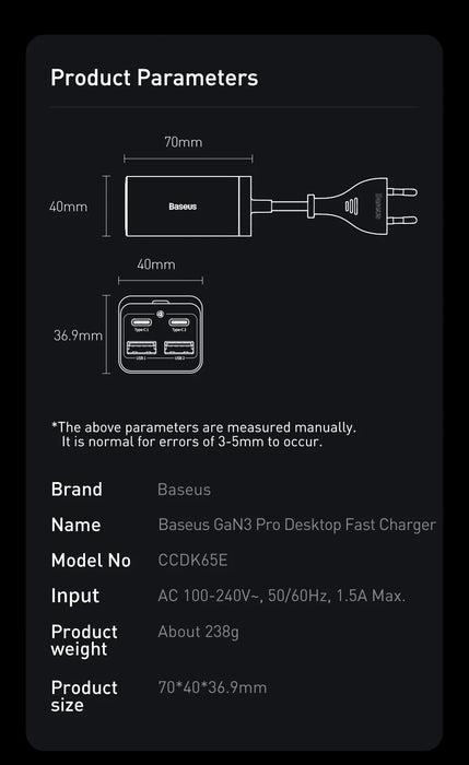 Baseus 65W GaN Desktop Fast Charger - Cargador 4 en 1 para portátil y teléfono móvil para iPhone 15, 14, 13 Pro Max, Xiaomi y Samsung