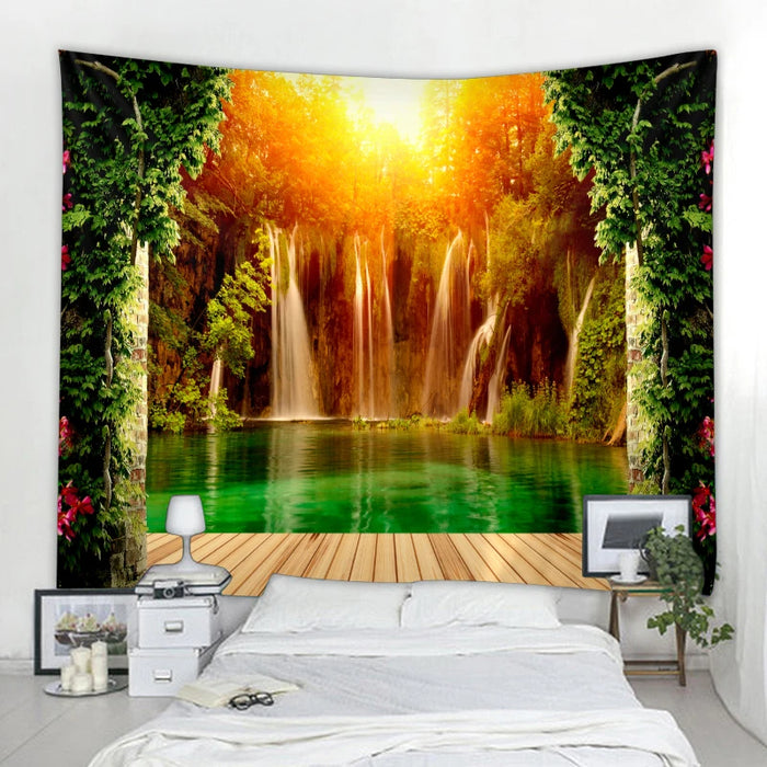 Belle tapisserie murale nature avec imprimé cascade et forêt, bonnet d'inspiration hippie, décoration murale mandala bohème