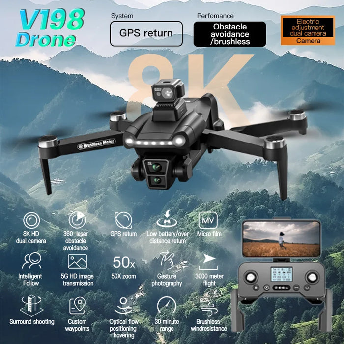 Dron Xiaomi V198GPS con cámara HD profesional 8K, evitación de obstáculos sin escobillas, mini dron cuadricóptero plegable