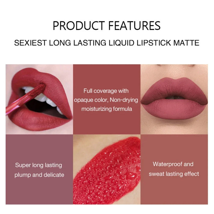 Sexy langanhaltender samtmatter Lipgloss, flüssiger Lippenstift, Make-up für Frauen, Schönheit, rot, nicht klebend, kupferfarben, wasserfester Lipgloss