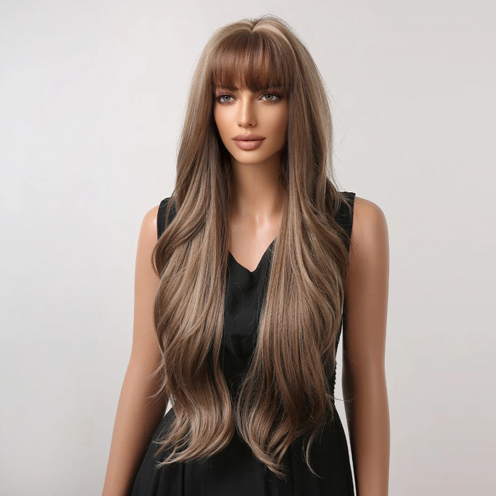 HAIRCUBE – perruque synthétique brune mixte blonde avec frange, perruque longue et ondulée naturelle pour femmes, usage quotidien, Cosplay, résistante à la chaleur