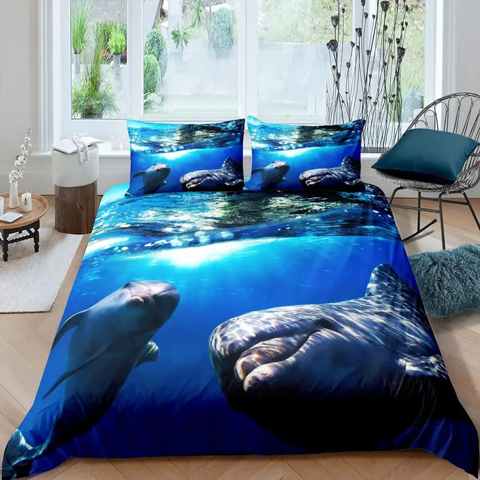 Juego de cama 3D con motivo de delfines - Motivo de mar azul en tamaño Queen y King para niños y adultos