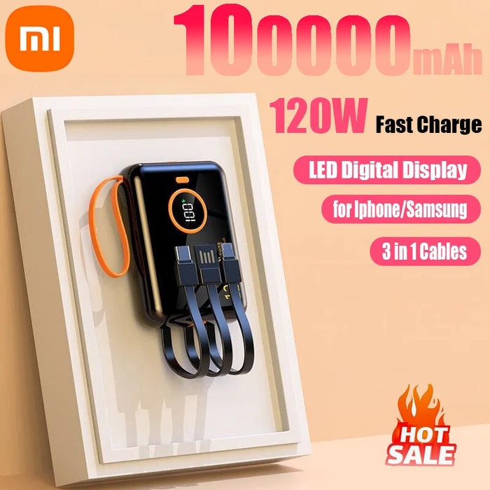 Xiaomi 120 W Schnelllade-Powerbank 100.000 mAh – 3 in 1 mit integriertem Kabel, externer Akku für iPhone, Huawei und Xiaomi 2024 Neu