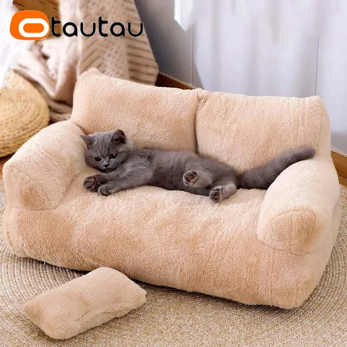 OTAUTAU Soft Fake Rabbit Fur Cat Sofa with 3D PP Cotton Filling, Machine Washable Pet Sofa SF189