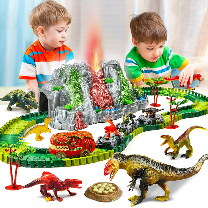 Jouets dinosaures pour enfants avec volcan jaillissant et piste d'escalade – Ensemble de train pour garçons/filles, cadeau parfait pour l'école à la maison et la décoration de fête