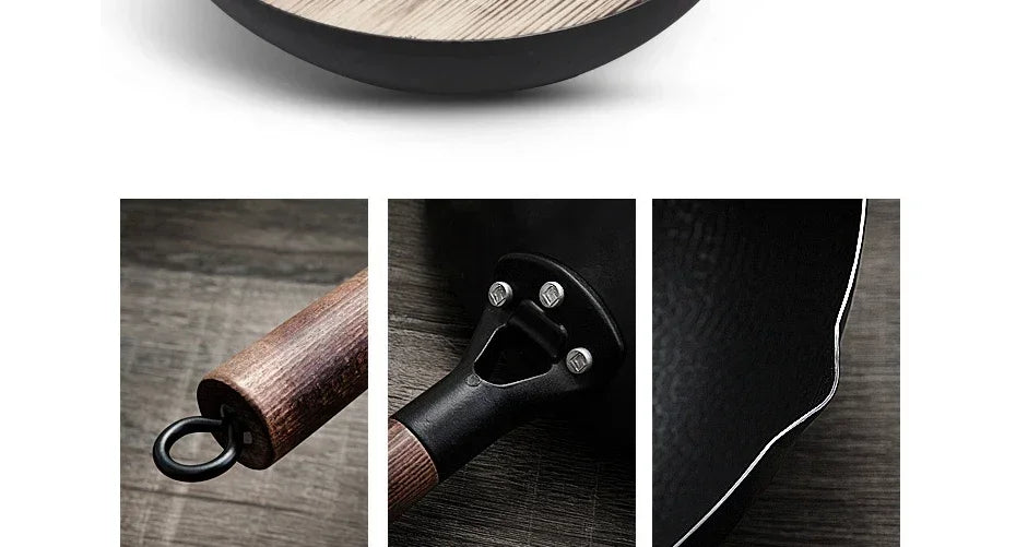 Wok Tradicional de 32 cm en Acero al Carbono - Antiadherente Premium con Tapa de Madera para todo tipo de fogones