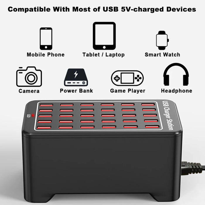 Estación de carga USB de 150 W: cargador multipuerto universal para múltiples dispositivos con 10-30 puertos, compatible con adaptadores de corriente de EE. UU., UE, AU y Reino Unido